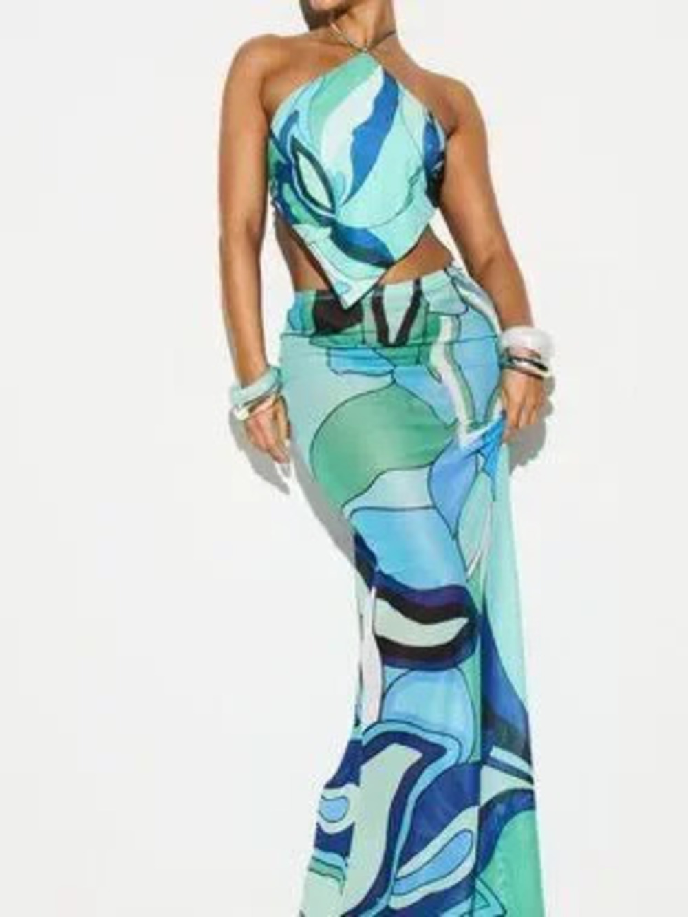 Multicolor Casual Women's Abstract Halter Mesh Beach Cover-Up with Tie Detail
